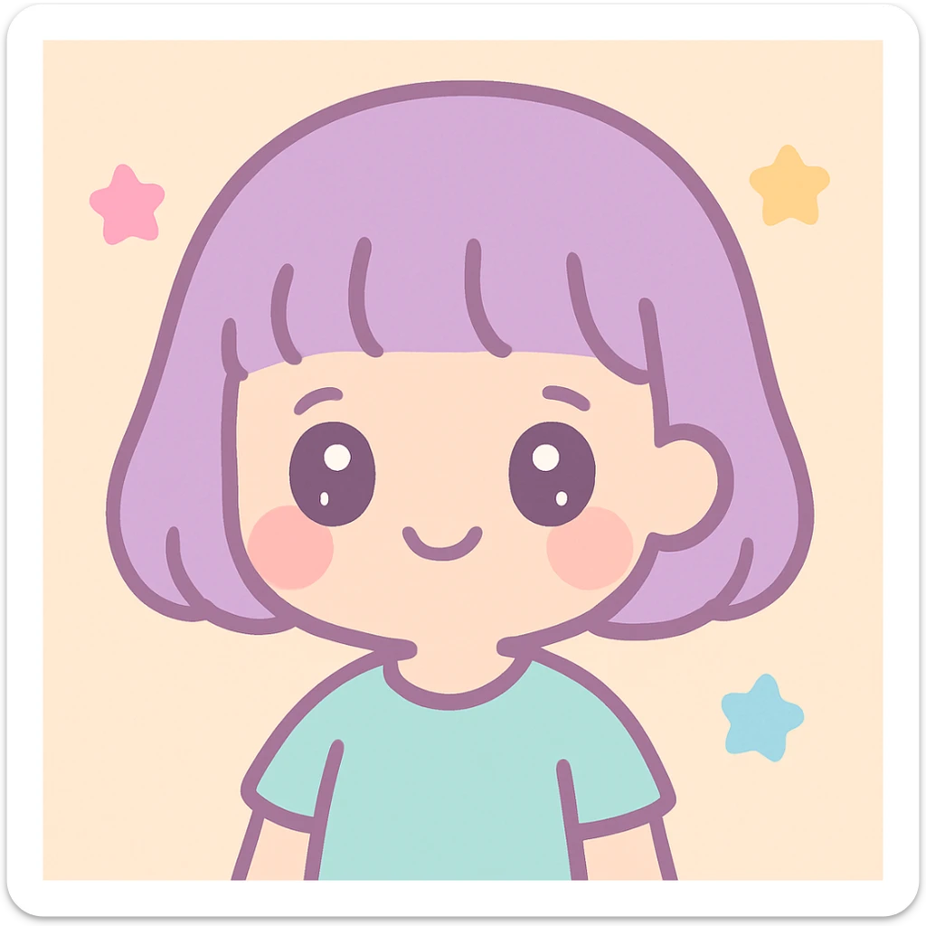 cute girl with blunt bangs, mid-short hair, big eyes, kawaii cartoon style sticker