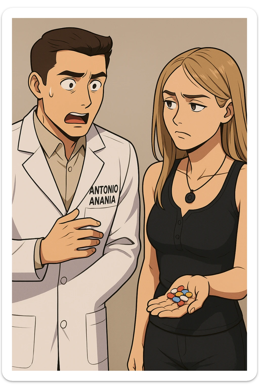 fai un webtoon/manga a colori con questo kinesiologo in camice bianco (fagli la scritta "ANTONIO ANANIA" SUL CAMICE) CHE PARLA CON QUESTA RAGAZZA. LA RAGAZZA HA UN PUGNO DI INTEGRATORI IN MANO (TANTE PILLOLE DIVERSE) E LE GUARDA DUBBIOSA. IL KINESIOLOGO CON IL CAMICE BIANCO LE DOMANDA UNA COSA SCIOCCATO. NON FARE I FUMETTI, FAI SOLO LORO COME SE DIALOGASSERO sticker