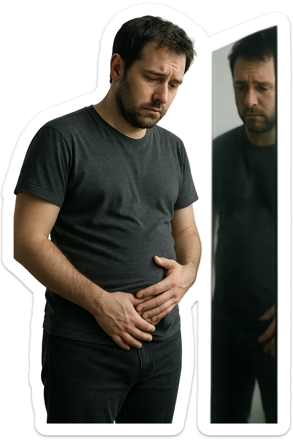 uomo che si guarda allo specchio triste mentre si tocca la pancia, pensieroso, iperrealistico 4k sticker