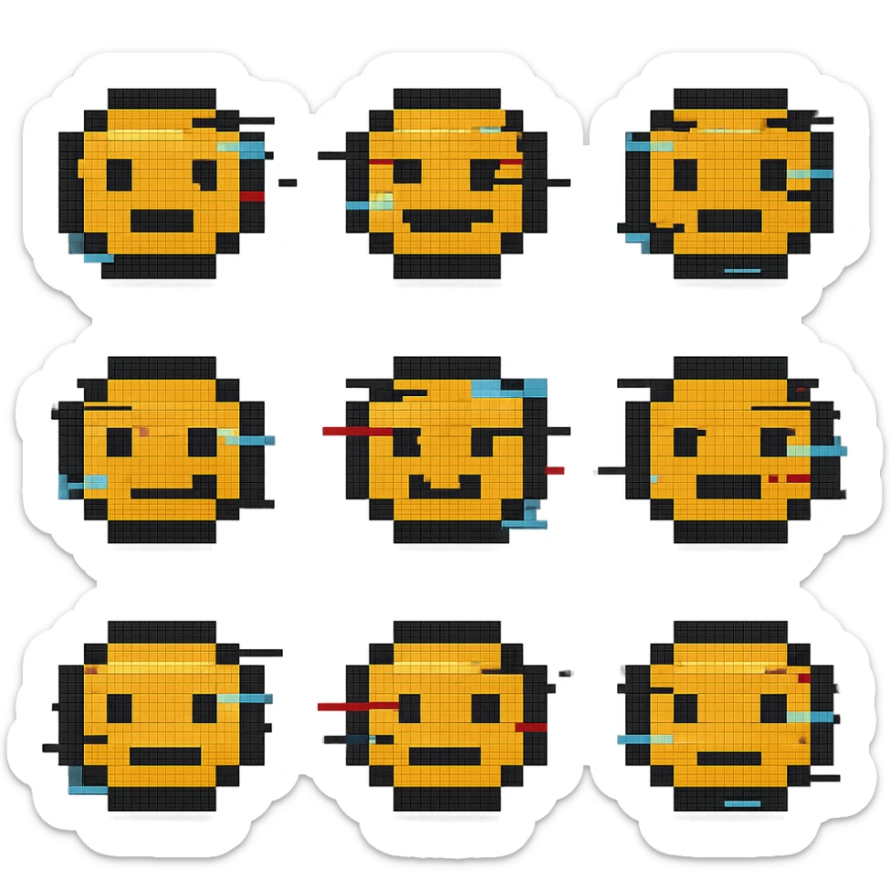 Add animated static lines to the glitch emoji in pixel art style, keeping the background transparent. Maintain the pixelated look and glitchy effect with static lines animation. sticker
