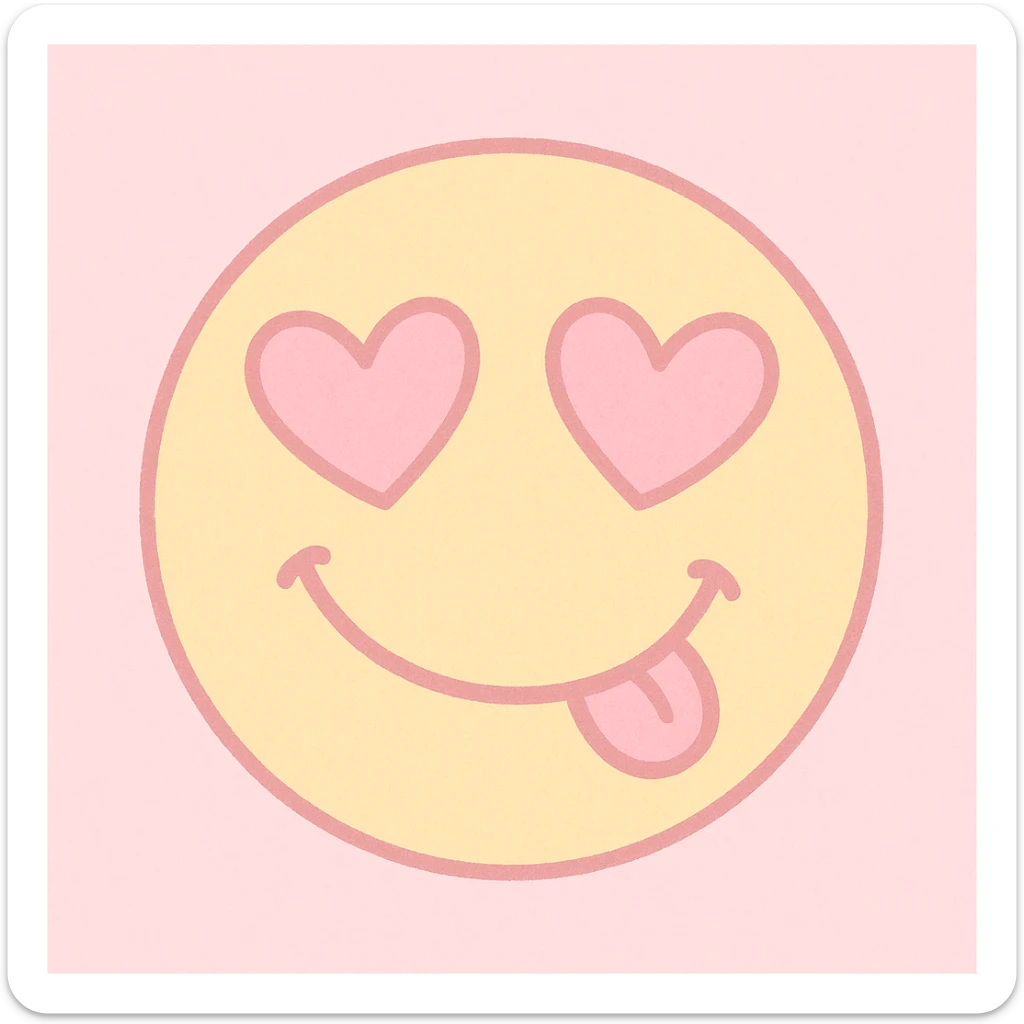 cute emoji, heart eyes, playful grin, pastel pink and yellow sticker