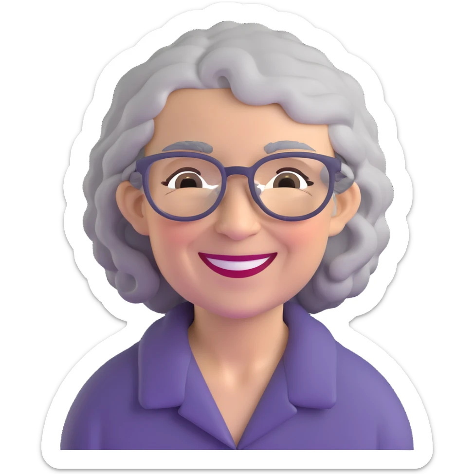smiling elderly Caucasian woman with grey curly hair and glasses sticker