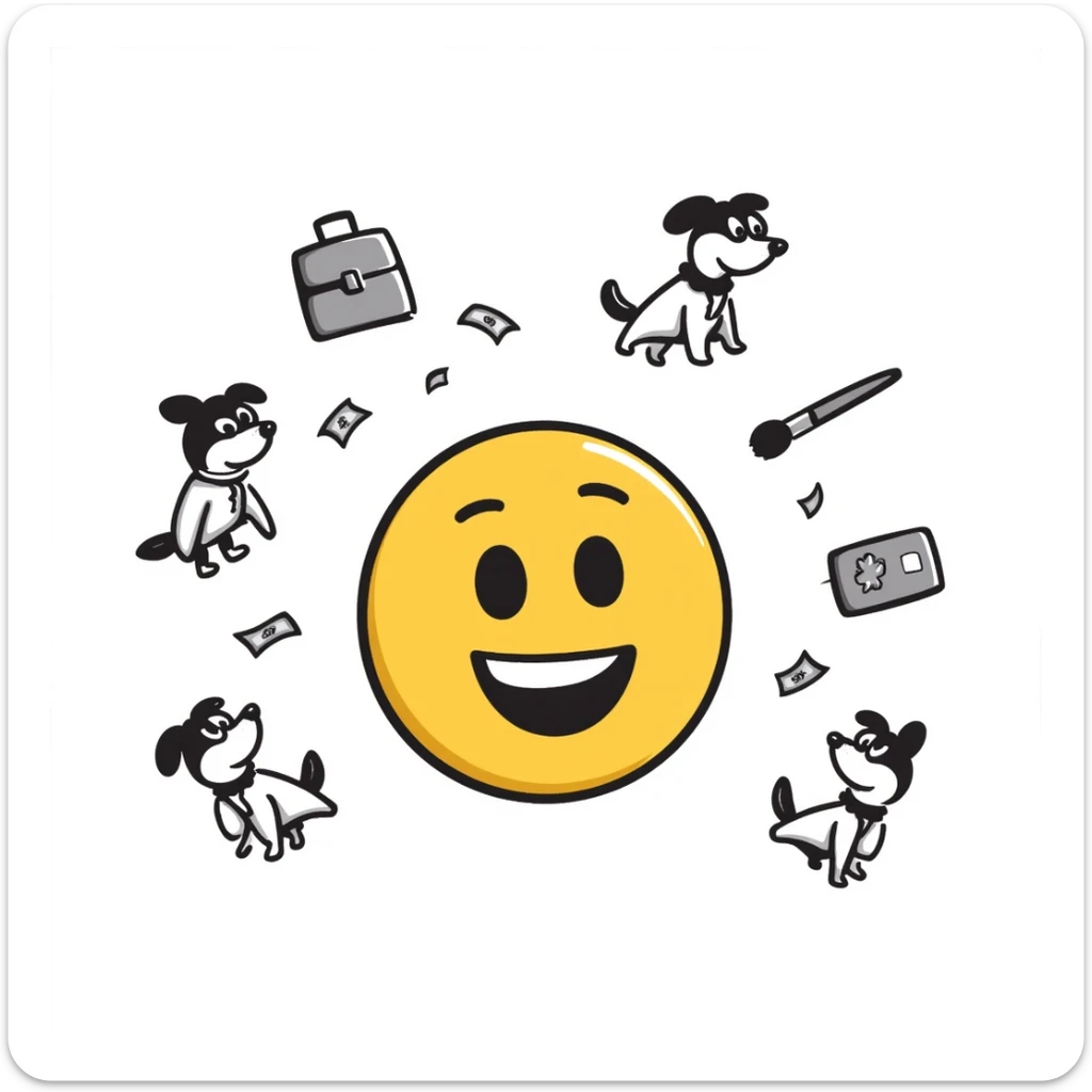 Yellow emoji with karate dogs, a briefcase, money, a phone and a paintbrush flying in its aura sticker