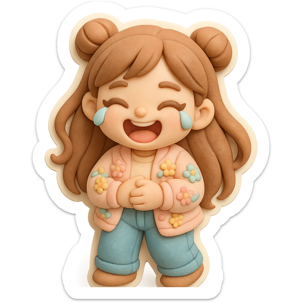 3D chibi girl in fondant cake art style, high-quality rendering with smooth shadows and soft gradients, long brown hair in two space buns, brown eyes, jeans, pastel floral cardigan, thick white outline like a sticker, transparent background, laughing to tears holding her belly, preserve facial features from reference image sticker