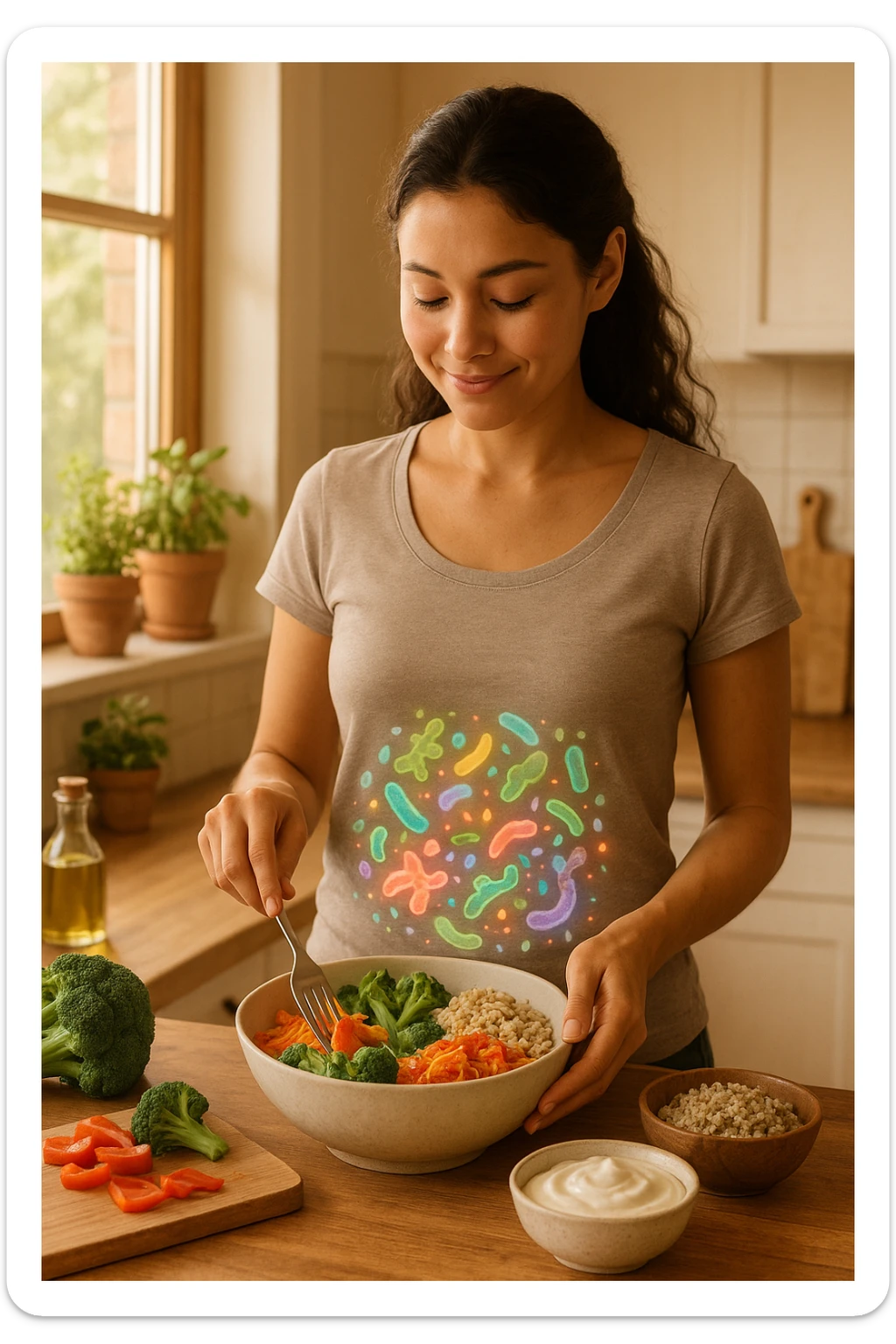 A realistic, warm-toned image of a young woman in a bright, cozy kitchen preparing a healthy meal rich in fiber and probiotics. She smiles softly, focused and calm, as she adds fresh vegetables, fermented foods like yogurt or kimchi, and whole grains to a bowl. Around her abdomen, a subtle, glowing overlay of balanced gut flora—colorful, friendly bacteria and microbes—swirls gently, symbolizing intestinal health and harmony. The setting is natural and inviting, with sunlight streaming through the window, potted herbs on the counter, and clean wooden surfaces. The overall mood conveys wellness, self-care, and the positive journey toward gut balance sticker