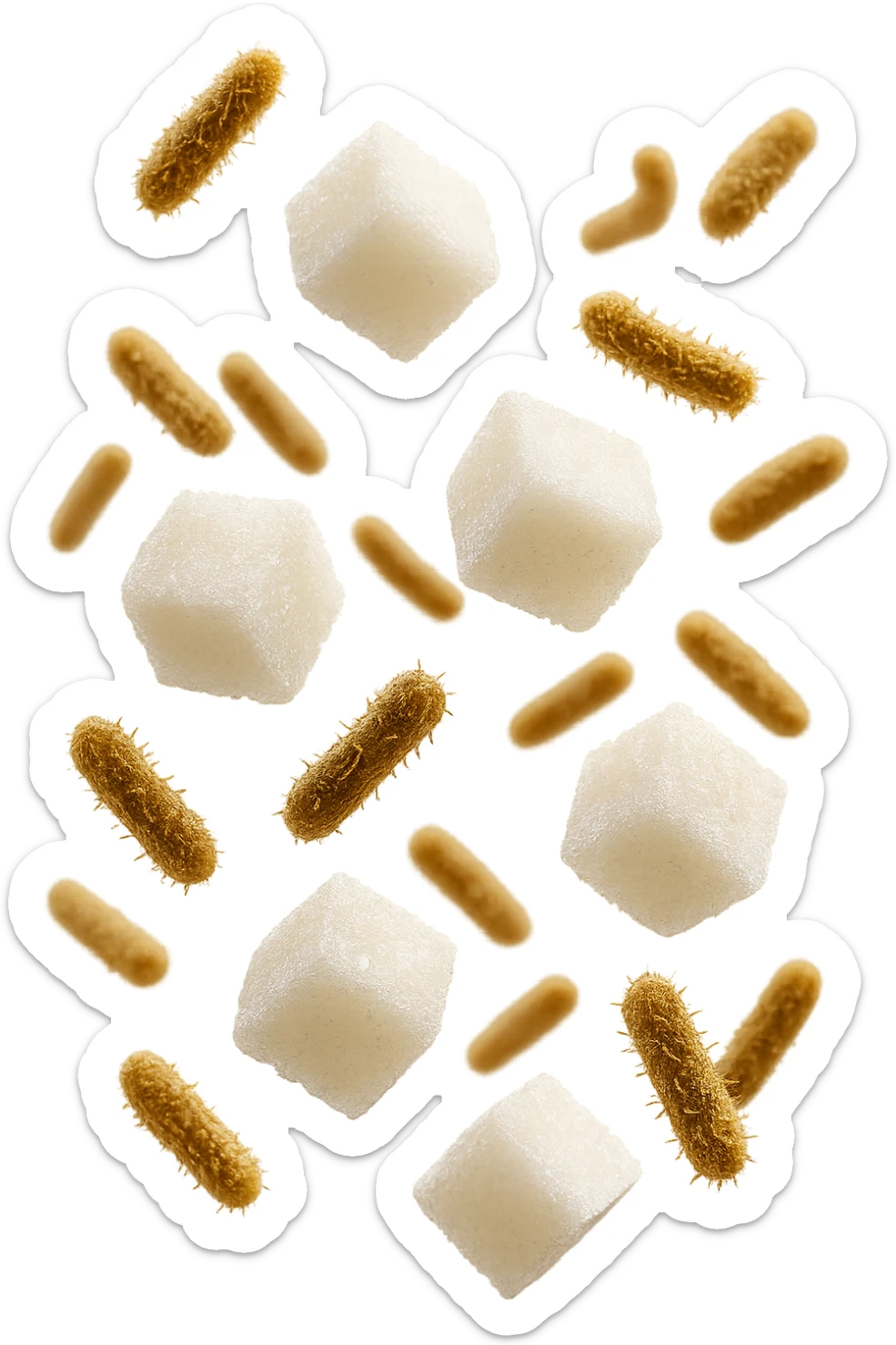 ZOLLETTE DI ZUCCHERO FLUTTUANO IN ARIA INSIEME A BATTERI INTESTINALI REALISTICI
IPERREALISTICO 4K, SFONDO BIANCO sticker