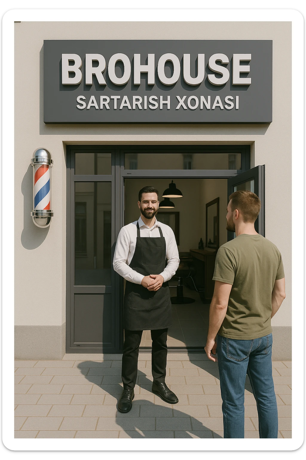 eni shu rasimga boyagi sartaosh oka eshik oldida tursin va tashqarida esa mijoz sticker