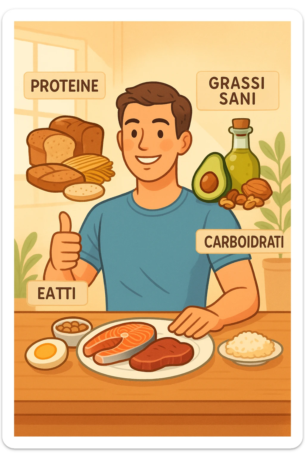 uomo che fa alimentazione attraverso i giusti macronutrienti. Scritte in ITALIANO sticker