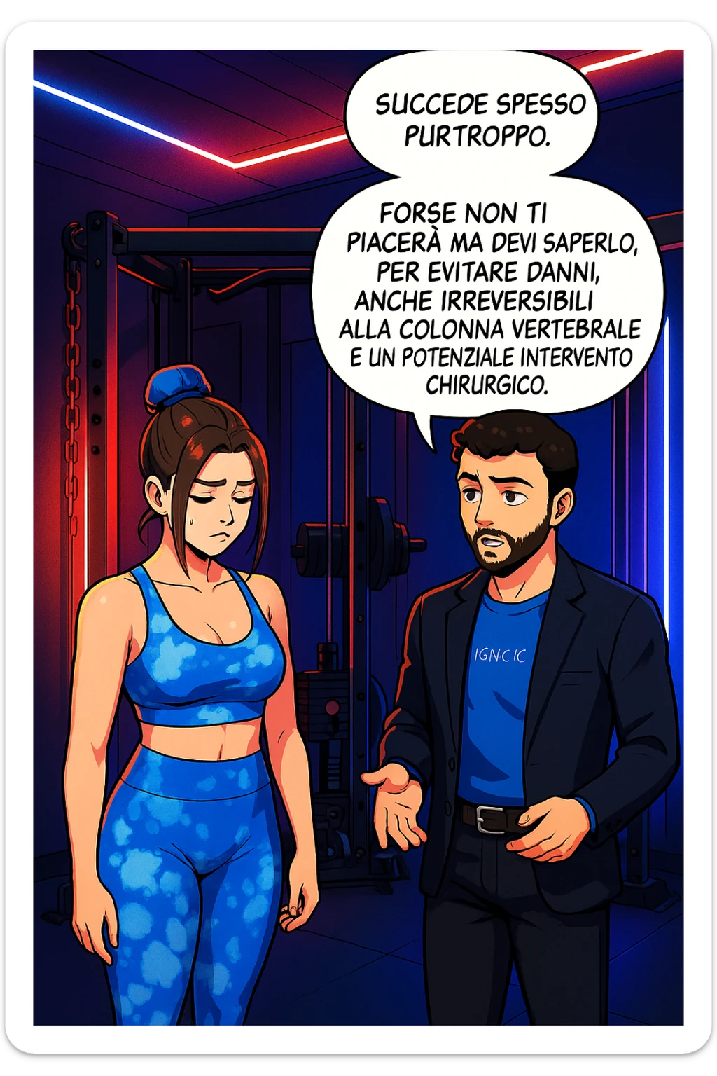 fai questa immagine in versione fumetto/manga/webtoon a colori, il manga mostra l'uomo che risponde alla donne:
Succede spesso purtroppo. 
Forse non ti piacerà ma devi saperlo, per evitare danni, anche irreversibili, alla colonna vertebrale e un potenziale intervento chirurgico. sticker