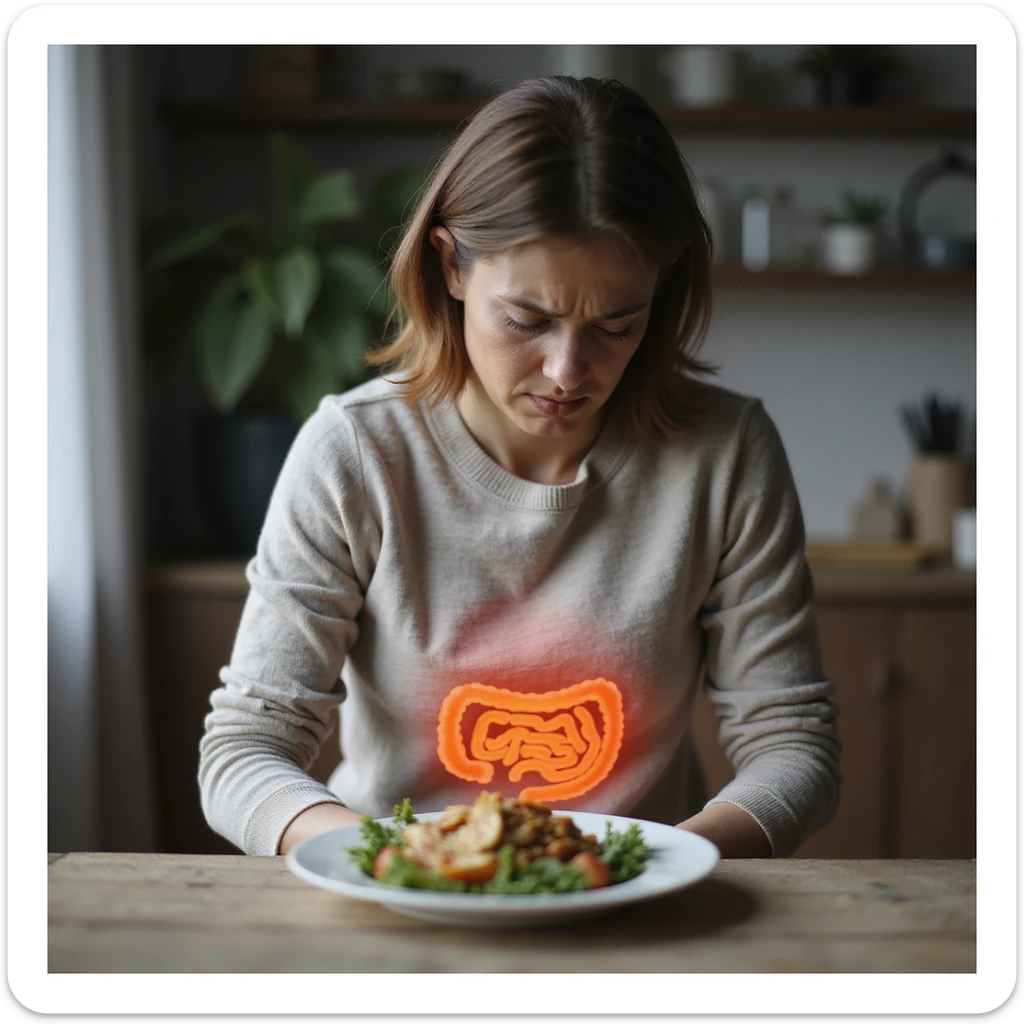 adult woman, photorealistic, intestinal pain, sitting at table with diet food plate, intestine highlighted, suffering expression, natural light, kitchen background sticker