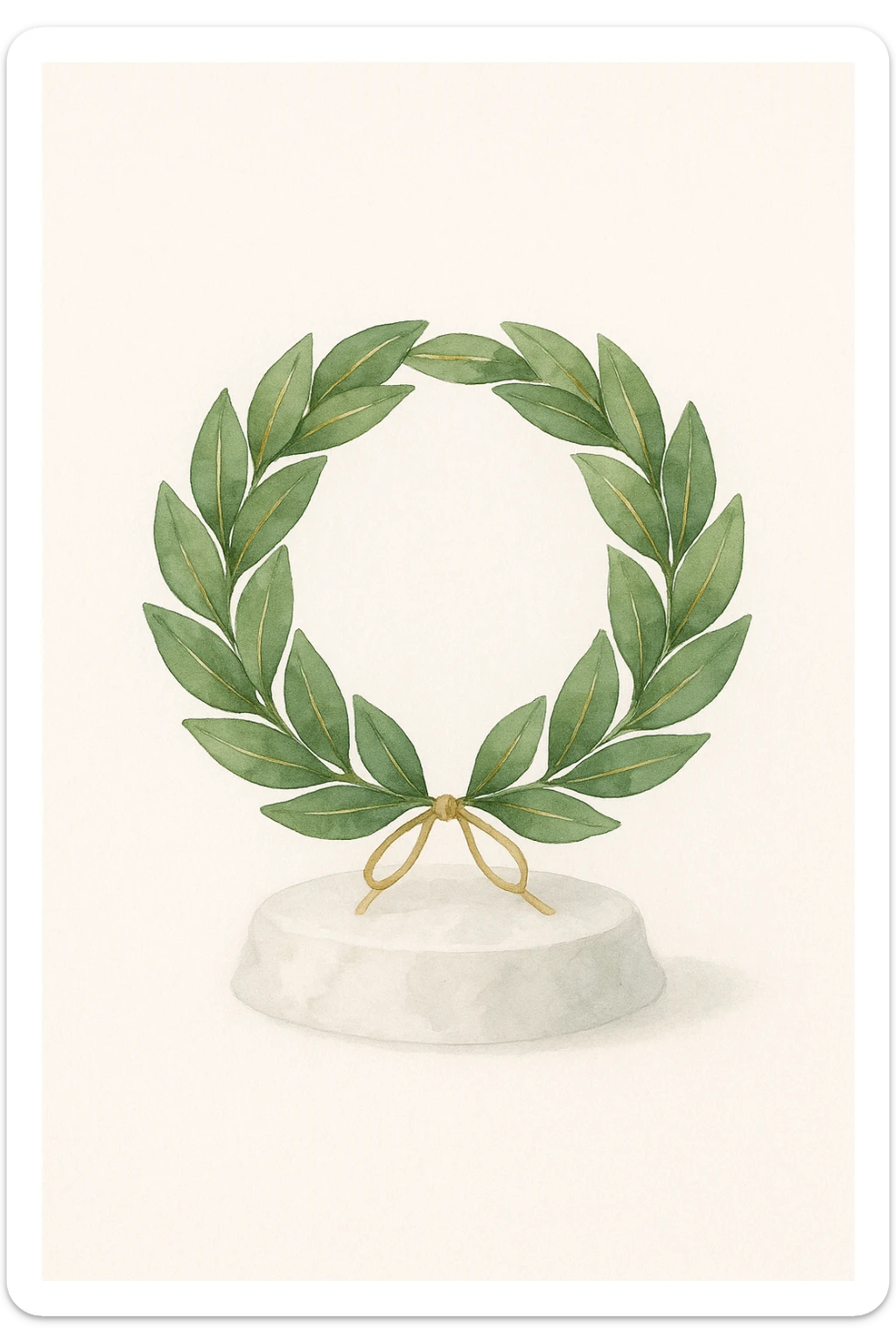 A laurel wreath made of fresh or natural-looking laurel leaves, neatly woven into a circle. The leaves are glossy, rich green, with golden veins. The wreath is adorned with a thin golden ribbon tied in a bow at the back. The wreath is placed on a white marble pedestal or cushion. sticker