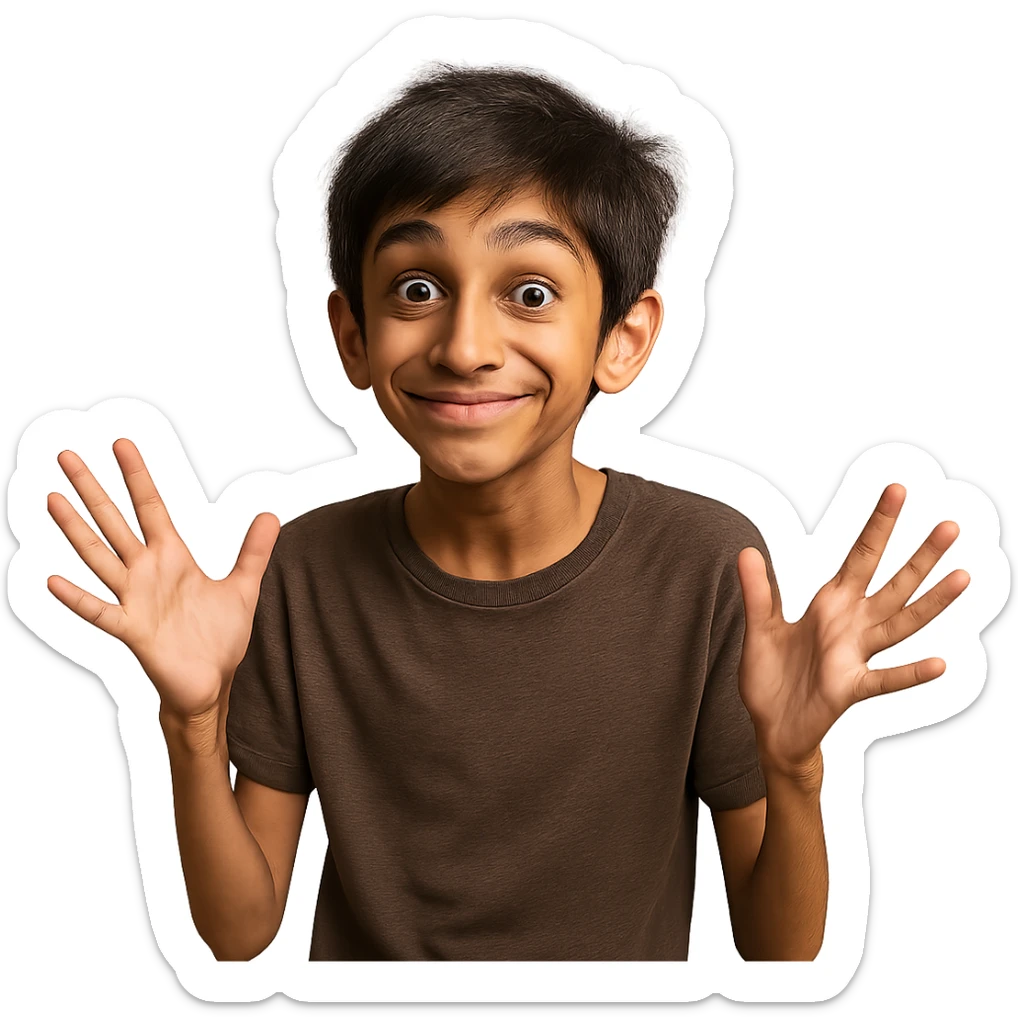 skinny Pakistani boy with expressive eyes and a cheeky smile, trying to be funny sticker