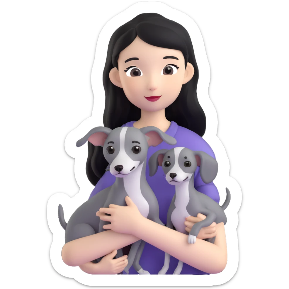 Slim Chinese girl with long black hair holding all grey Italian greyhound sticker