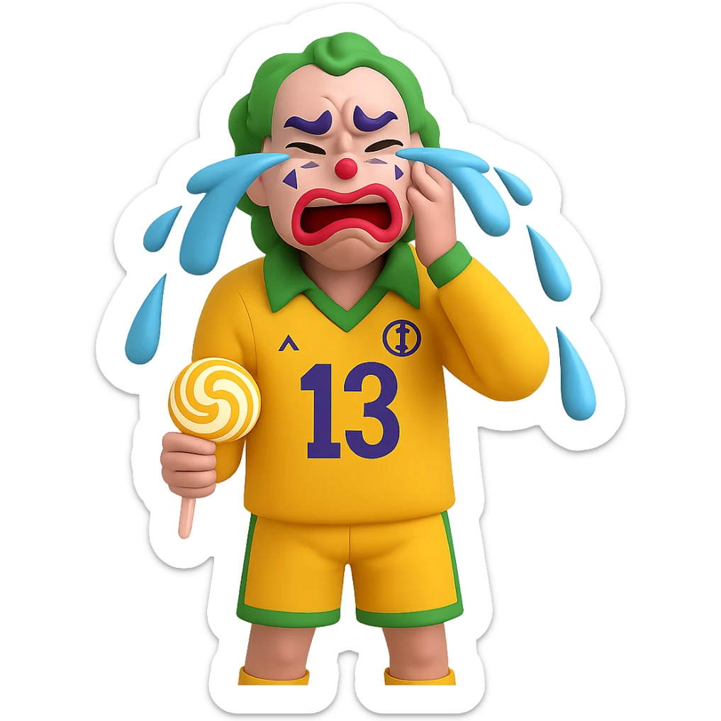 Make the ugly joker in the yellow jersey cry brutally out of envy, with exaggerated tears and a jealous, envious expression, still eating a lollipop, no background. Render in a style suitable for editing with transparent background. sticker