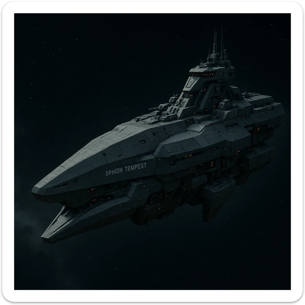 capital class space cruiser supercarrier of Zrian [human] origins, named the "Ophion Tempest"
The ship has a blocky military, yet sleek and angular design, mimicking a prehistoric sea-mammal or Cetacea  sticker