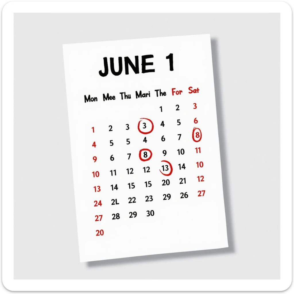 realistic calendar sheet, no background, with days from Monday June 1 to Saturday June 7 circled in red, no border, no shadow, just the sheet sticker