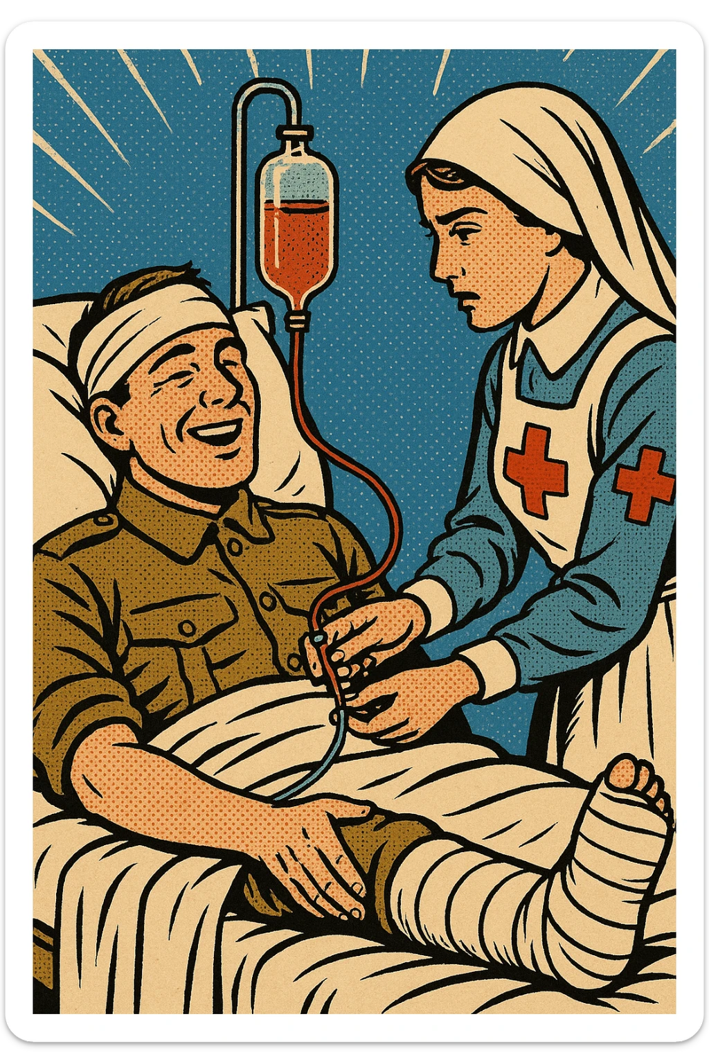 A world war one British soldier in an army hospital bed.  The soldier has a bandage around his head, with a splint on one of his legs.  He is also being given a blood transfusion from an army hospital nurse. sticker