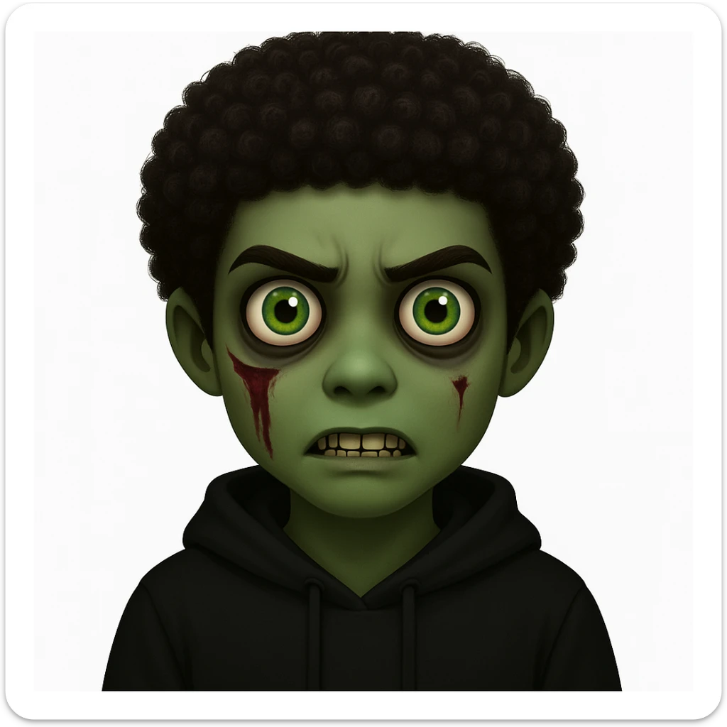 Change the hair to a Black hairstyle with tight curls or afro and add a black hoodie. Keep the boy zombie's green skin, emo vibe, and creepy expression. sticker