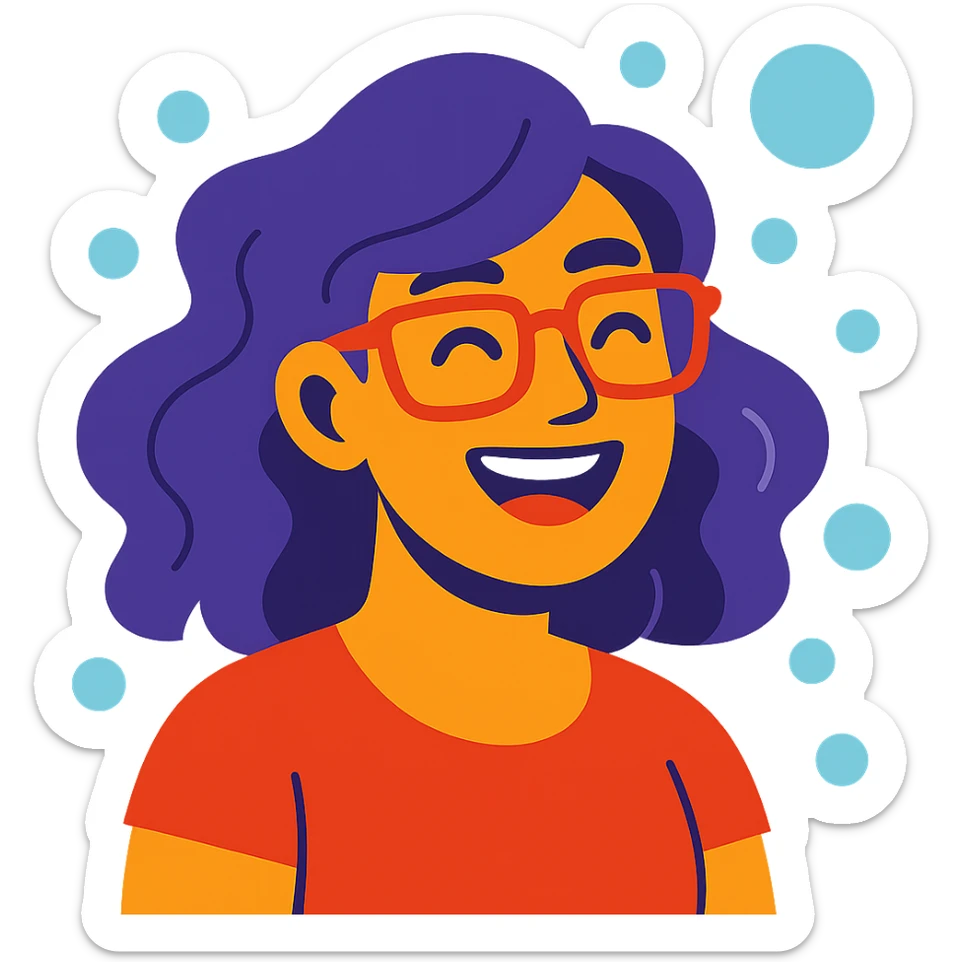woman with purple hair and red glasses, smiling and surrounded by bubbles, representing her love for fizz sticker