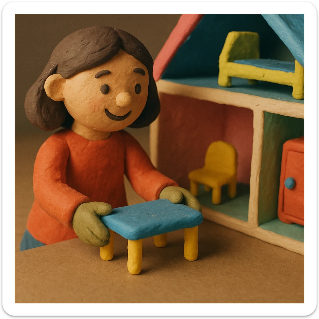 smiling girl arranging furniture in doll house sticker