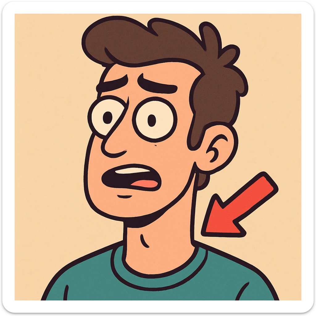 cartoon-style head and neck with a bold arrow pointing to the neck, vibrant flat color illustration sticker