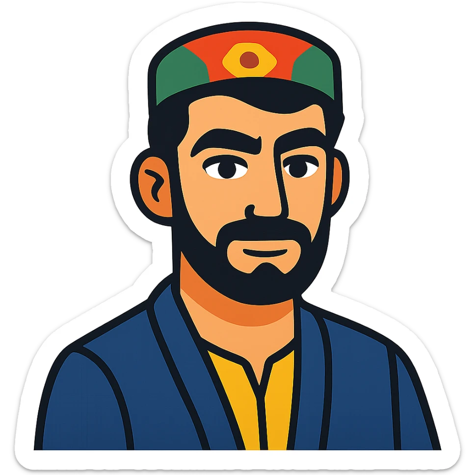 A Tajik man with masculine features, expressive eyes, thick eyebrows, dark hair, and light-olive skin, neatly kept facial hair sticker