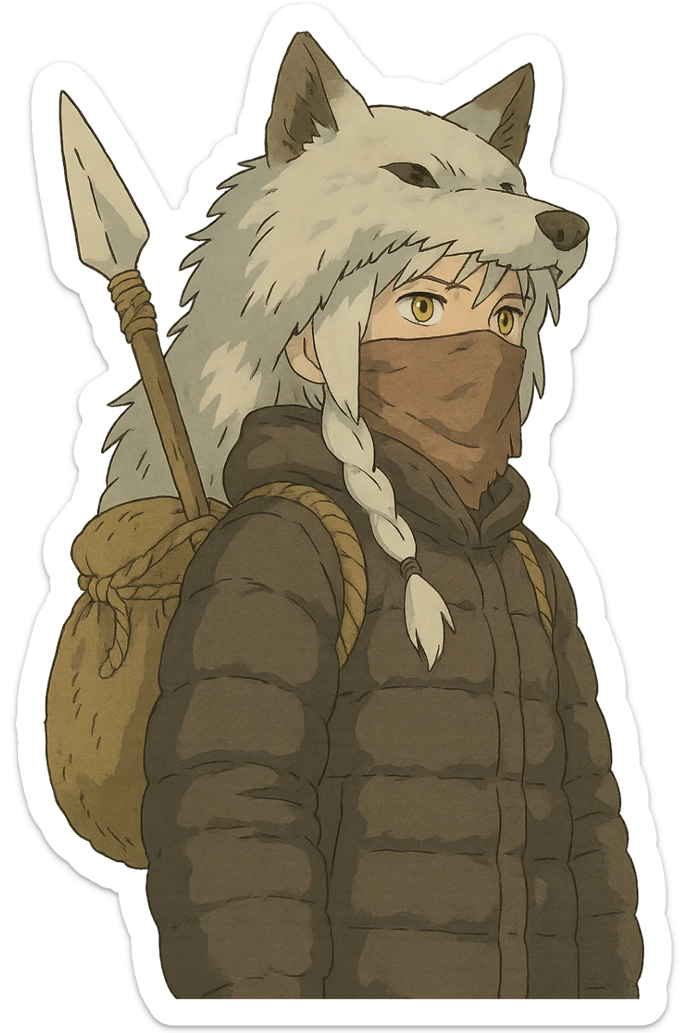 1 female, gold yellow eyes, white hair with a single long braid, wolf headdress, rag face covering, dark colored puffer parka, gazing into the distance. overcast lighting. the has a burlap bag-rope backpack, and a wooden spear with a bone knife tip sticker