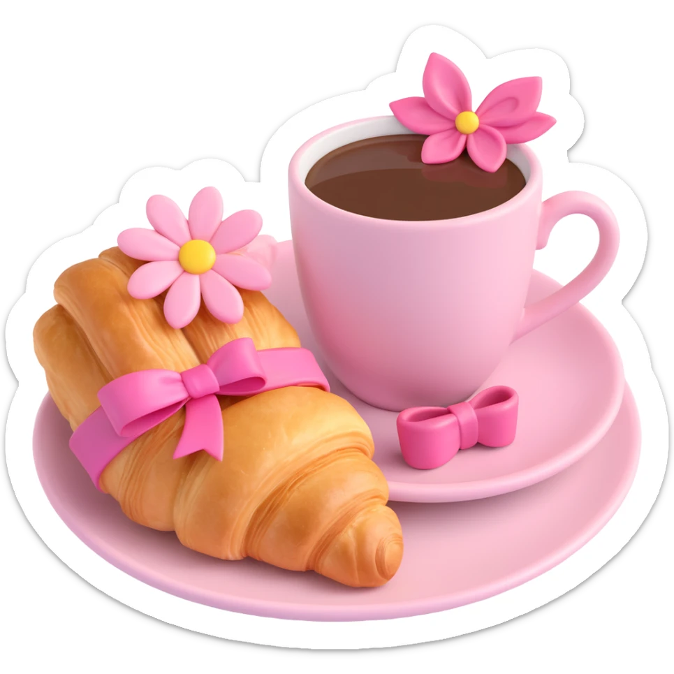 pink cup of coffee with a flower decoration and a pink bow, on a matching saucer, next to a croissant with white icing, cute and pastel colors sticker
