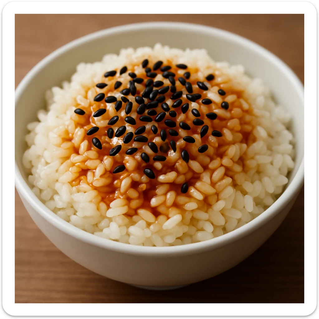 A dish of rice topped with black sesame seeds and soy sauce. sticker