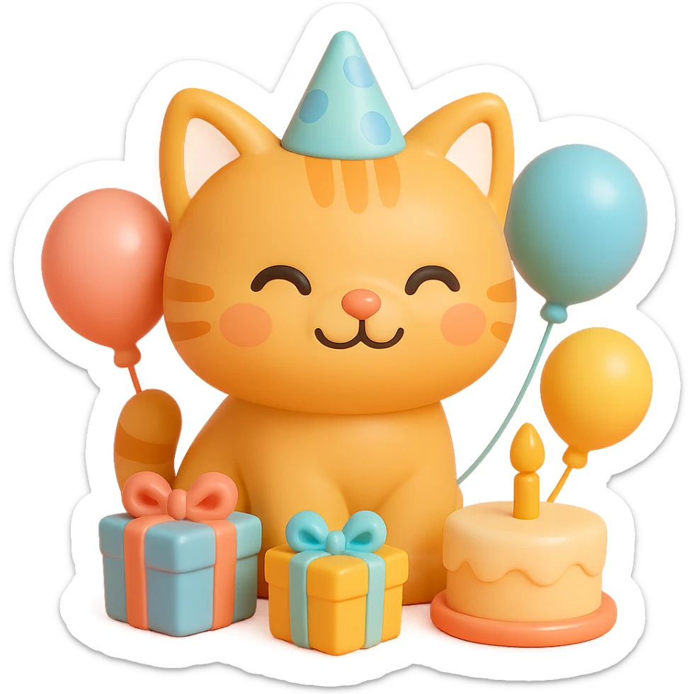 ginger tabby kitten with birthday hat, surrounded by balloons and presents, smiling, birthday cake nearby sticker