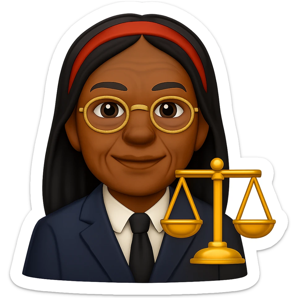 Make the Black woman lawyer look older, with subtle signs of age such as gentle smile lines and a mature, confident expression. Keep the long black hair, red headband, and strong, sharp personality. Render in emoji style with transparent background. sticker