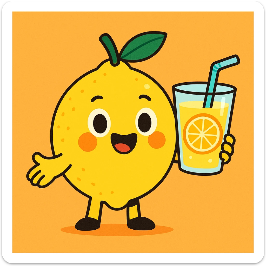 a cute lemon character holding a glass of lemonade, cheerful and bright, adorable and friendly sticker