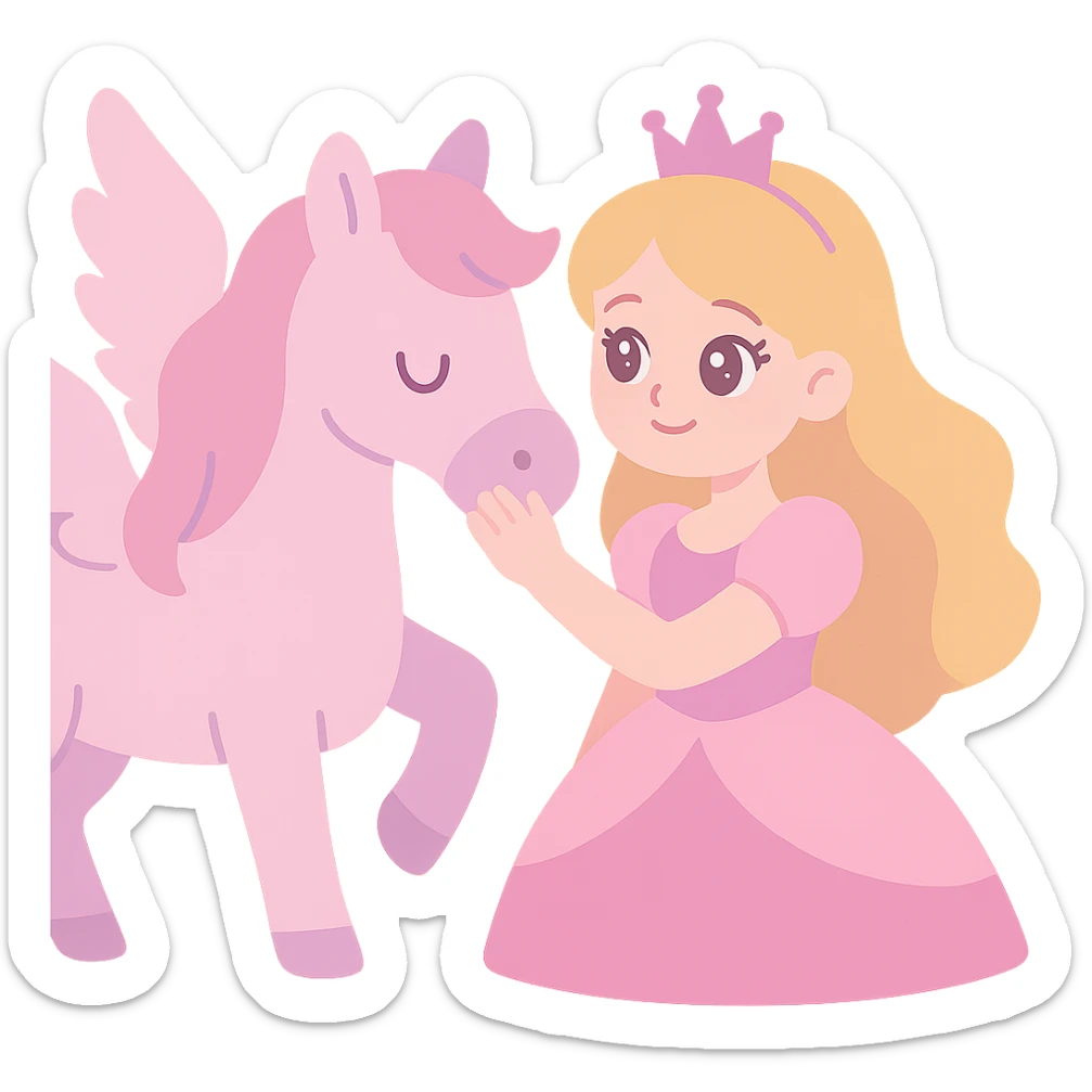 Barbie flying horse princess, Barbie princess stroking flying horse, warm scene, pink and purple tones, dreamy fairy tale style sticker