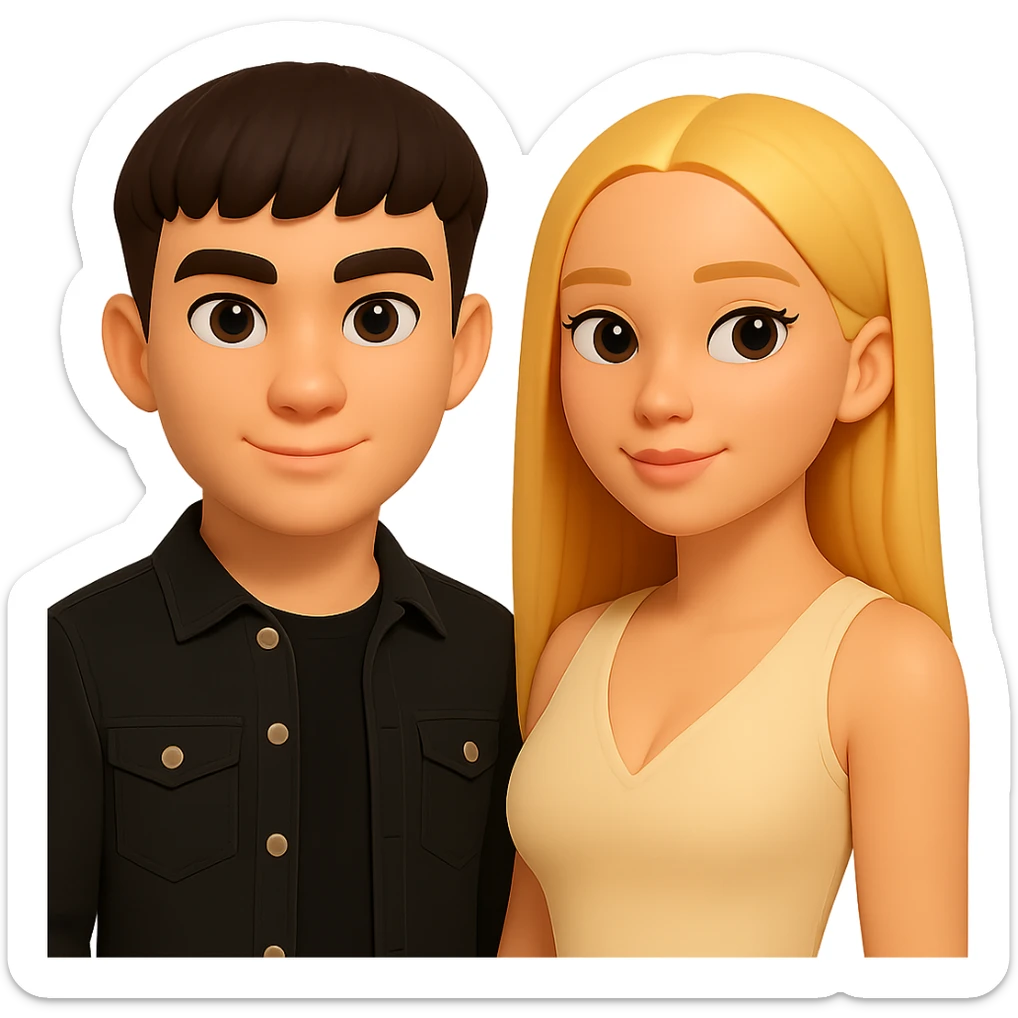 Slightly increase the volume of the upper body of the girl, separate the girl and the boy from each other, make the skin color the same for both. Keep the cartoon style and maintain a transparent background. sticker