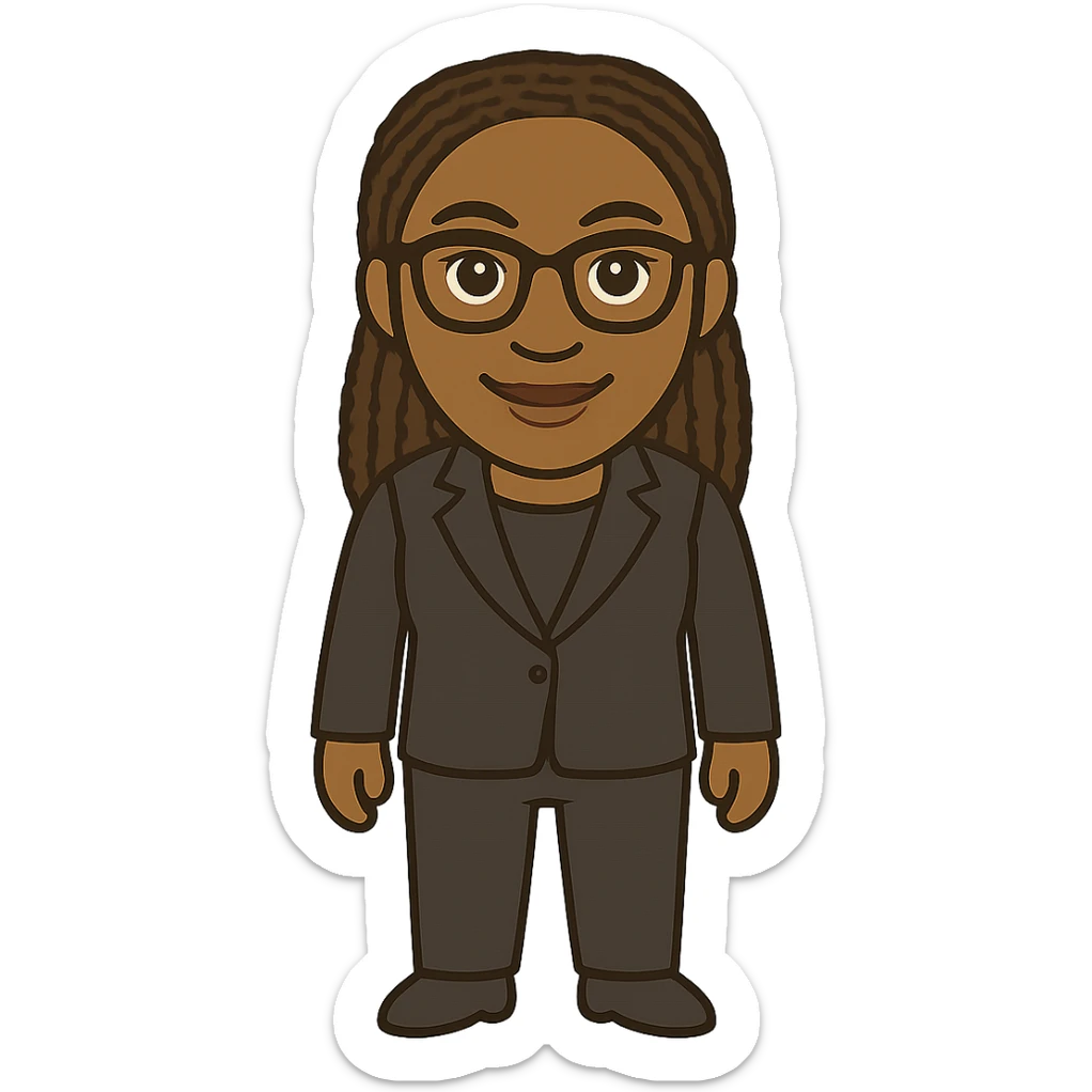 Add a business suit to Kemi Badenoch, full body, standing, in a cartoon style with transparent background. sticker