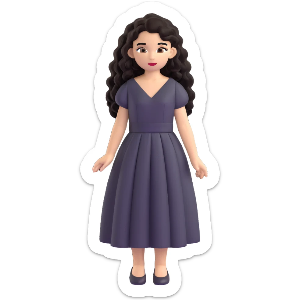 light skin girl with black very long curly hair, brown eyes, black Chanel dress sticker
