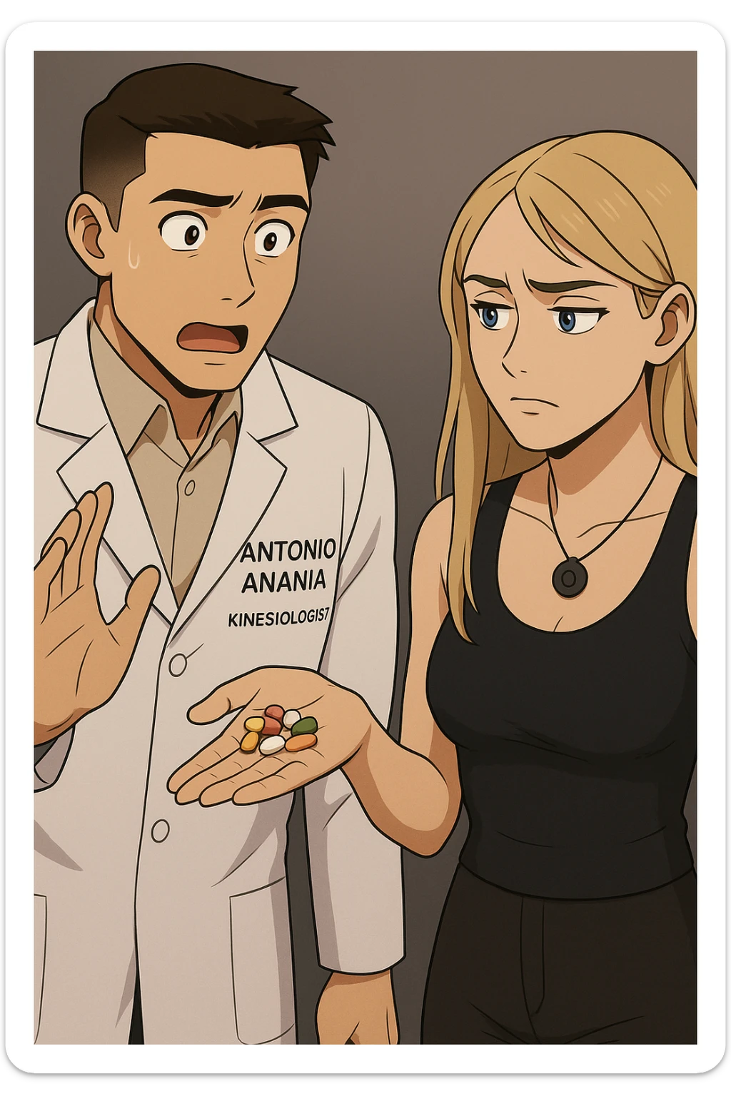 fai un webtoon/manga a colori con questo kinesiologo in camice bianco (fagli la scritta "ANTONIO ANANIA" SUL CAMICE) CHE PARLA CON QUESTA RAGAZZA CON GLI OCCHI AZZURRI. LA RAGAZZA HA UN PUGNO DI INTEGRATORI IN MANO (TANTE PILLOLE DIVERSE) E LE GUARDA DUBBIOSA. IL KINESIOLOGO CON IL CAMICE BIANCO LE DOMANDA UNA COSA SCIOCCATO. NON FARE I FUMETTI, FAI SOLO LORO COME SE DIALOGASSERO sticker