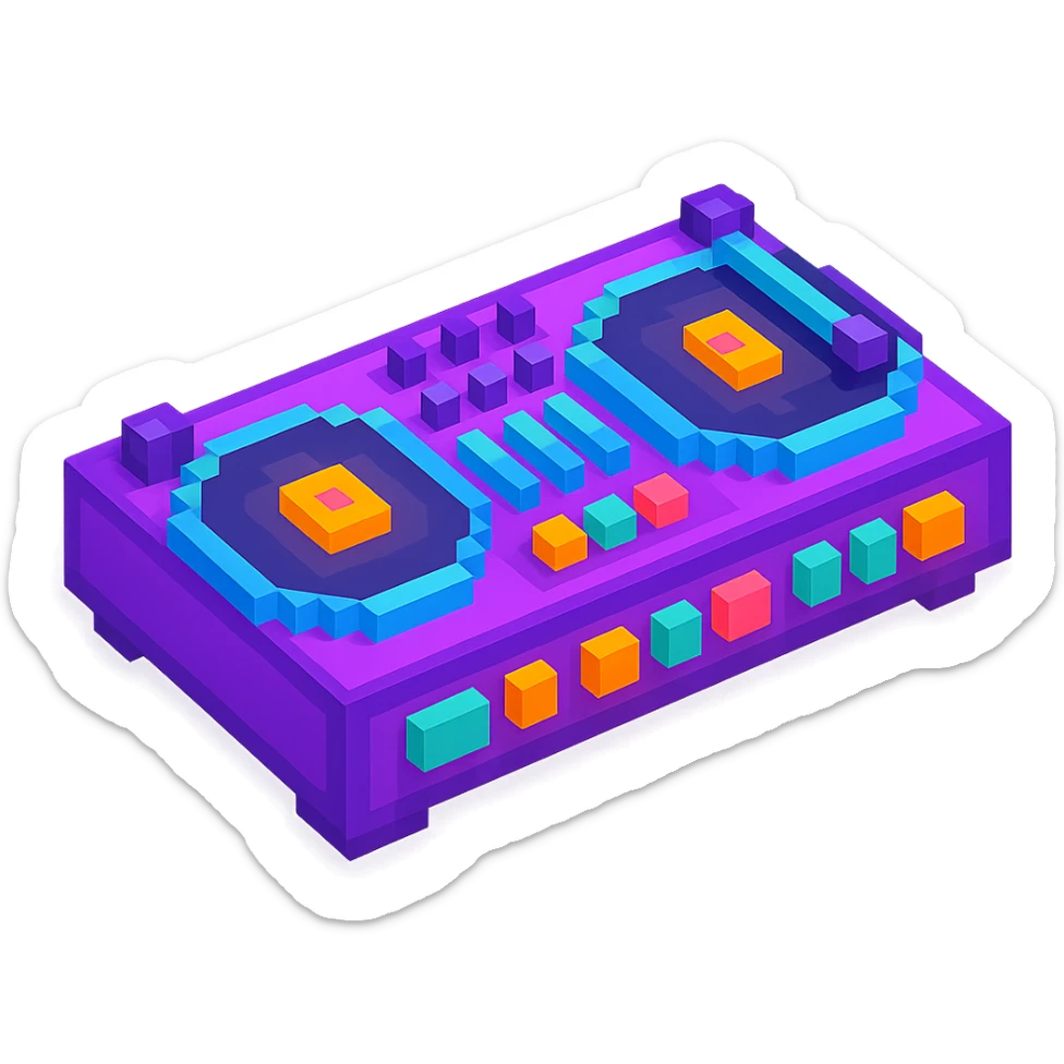 DJ turntables with glowing buttons and a retro vibe sticker