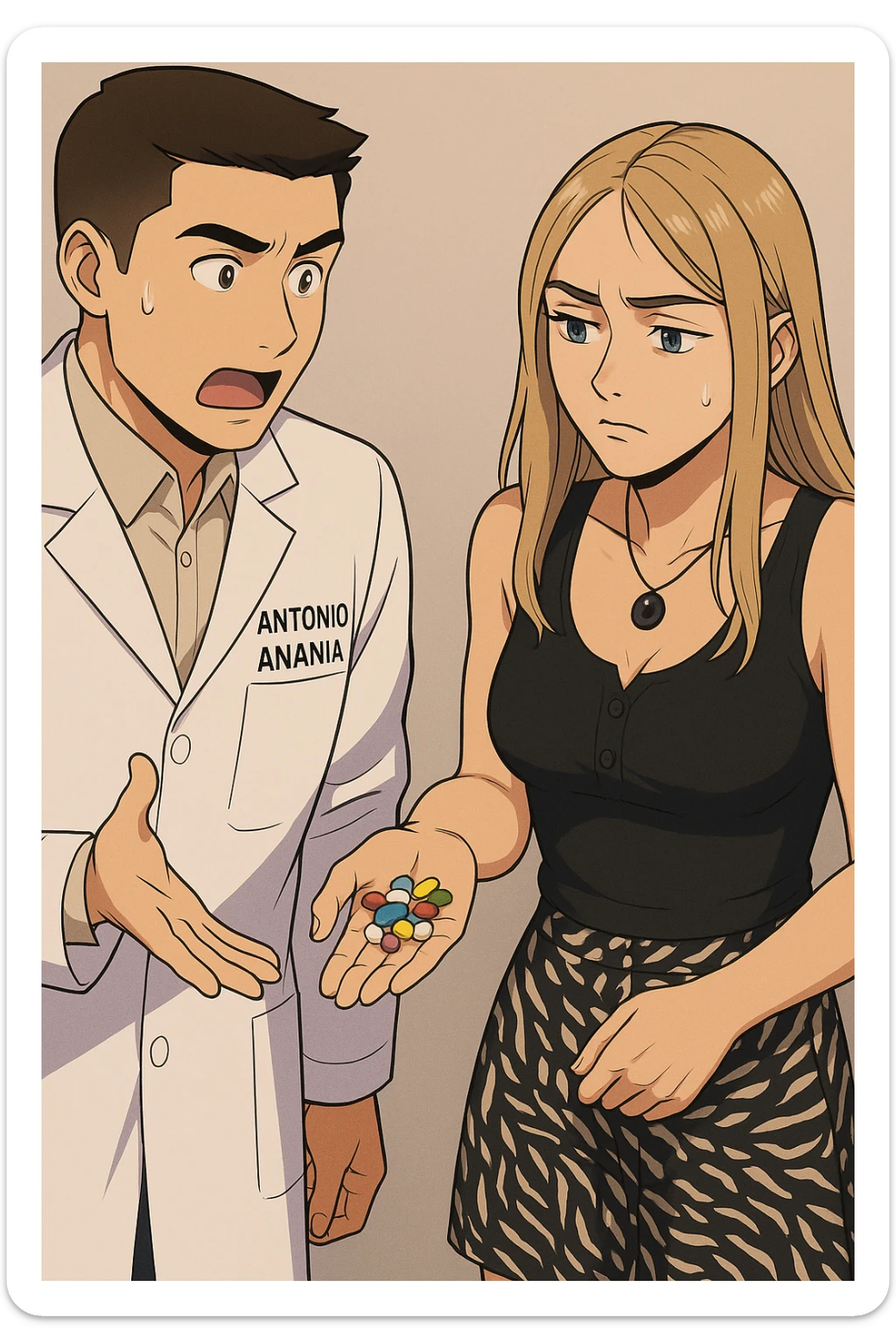 fai un webtoon/manga a colori con questo kinesiologo in camice bianco (fagli la scritta "ANTONIO ANANIA" SUL CAMICE) CHE PARLA CON QUESTA RAGAZZA. LA RAGAZZA HA UN PUGNO DI INTEGRATORI IN MANO (TANTE PILLOLE DIVERSE) E LE GUARDA DUBBIOSA. IL KINESIOLOGO CON IL CAMICE BIANCO LE DOMANDA UNA COSA SCIOCCATO. NON FARE I FUMETTI, FAI SOLO LORO COME SE DIALOGASSERO sticker