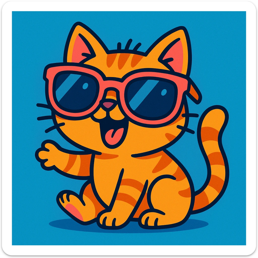a playful cat with big sunglasses, cartoon style, vibrant toon style sticker