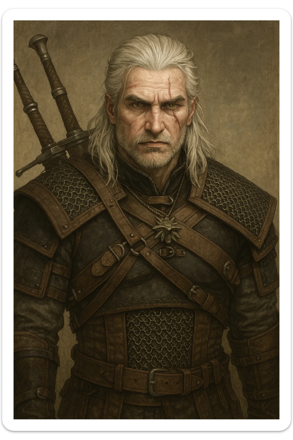 Geralt of Rivia, white hair, scarred face, fantasy armor, stoic expression, detailed illustration style sticker