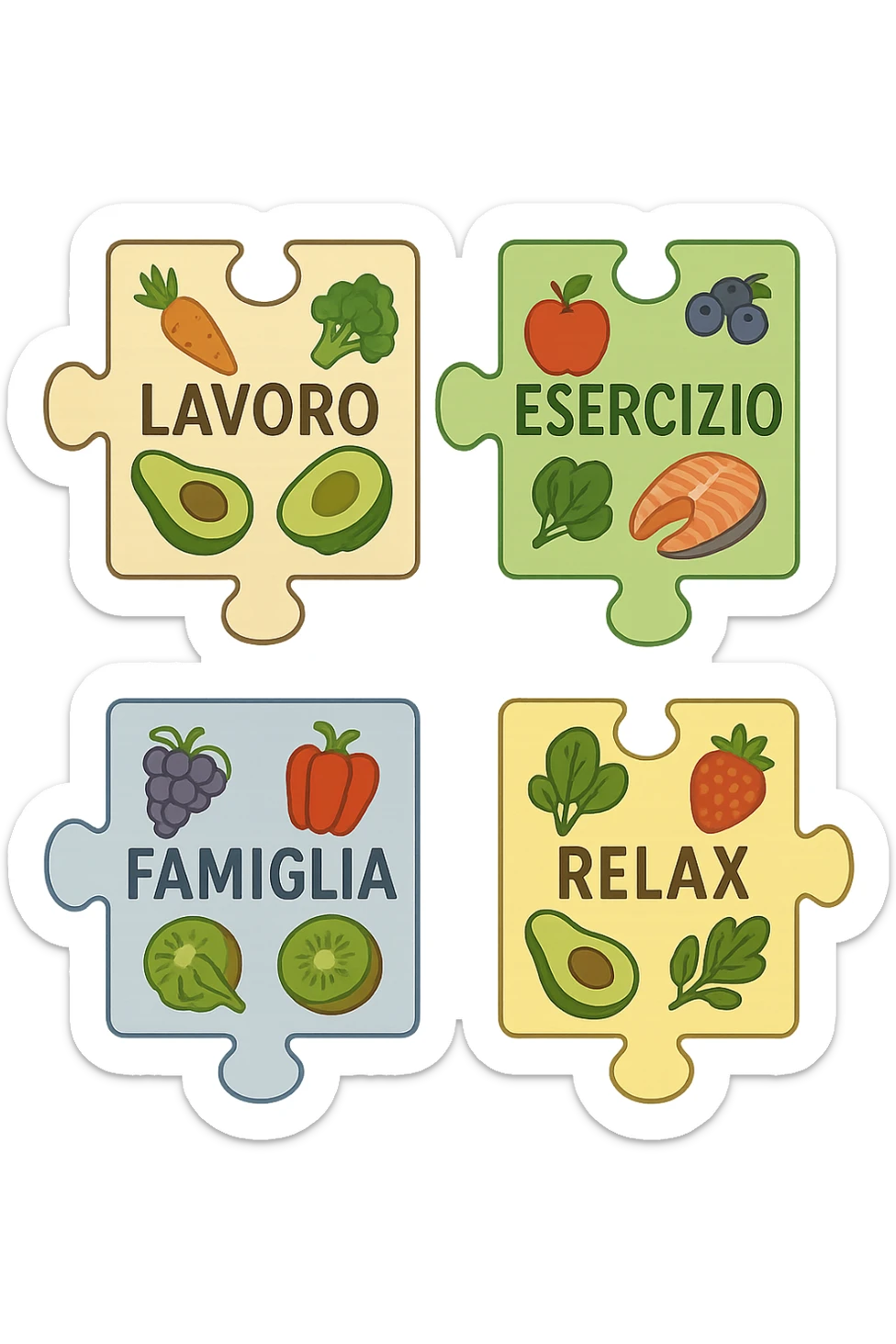 Puzzle (Lavoro, Esercizio, Famiglia, Relax), and healthy foods are integrated into each piece. in italiano sticker