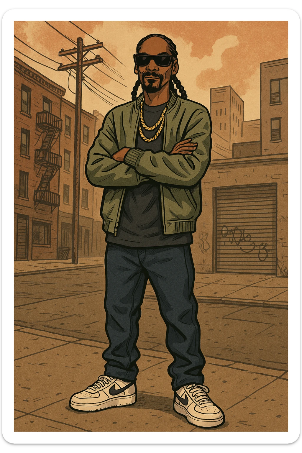 Snoop Dogg standing full body, hip hop style, sunglasses, casual outfit sticker
