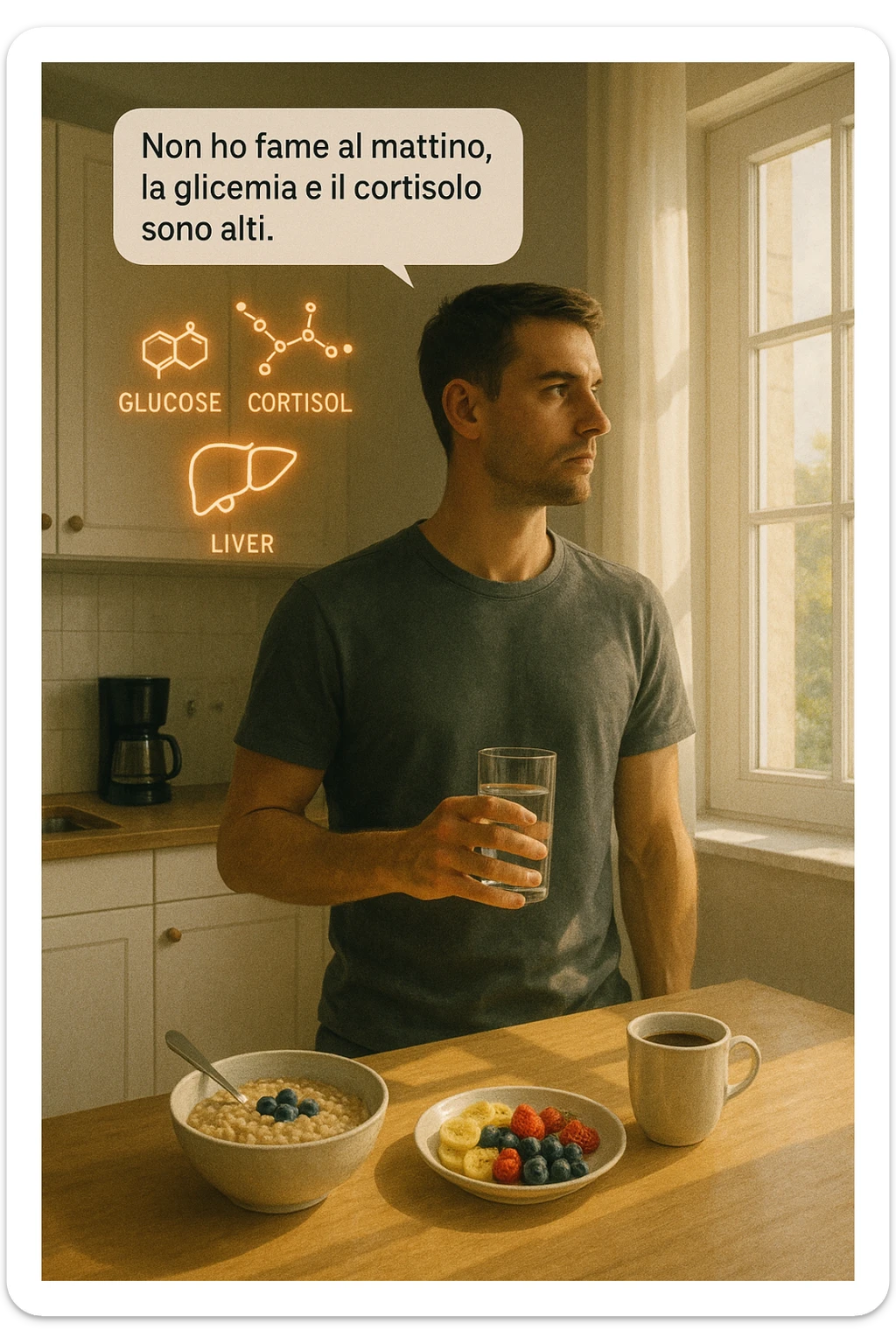 A realistic, cinematic illustration of a man in his early 30s with a lean, healthy build, standing calmly in a bright, minimal kitchen in the early morning. On the kitchen table, there is a prepared but untouched healthy breakfast (oatmeal, fruit, coffee). The man, with a neutral and focused expression, holds a glass of water while looking out of the window where morning sunlight enters. Above him, subtle glowing medical icons display: a glucose molecule, a cortisol hormone symbol, and a liver icon, indicating high morning blood sugar and cortisol levels. A small speech bubble or text overlay says: ‘Non ho fame al mattino, la glicemia e il cortisolo sono alti.’ The scene conveys a sense of calm, clarity, and body awareness, showing that the man consciously avoids breakfast due to physiological signals rather than restrizione. The style is realistic, warm, with a slight film grain, emphasizing health and conscious self-regulation. sticker