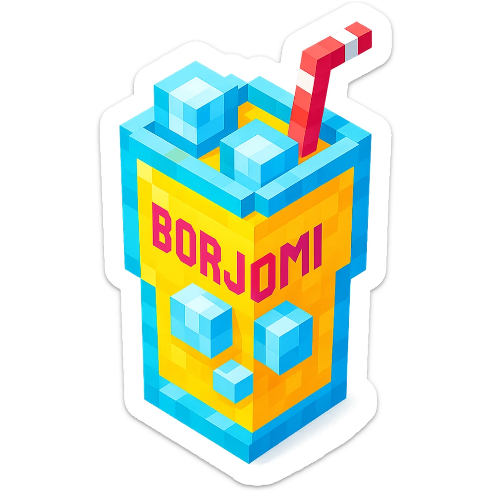 Borjomi lemonade glass with ice cubes and a straw sticker