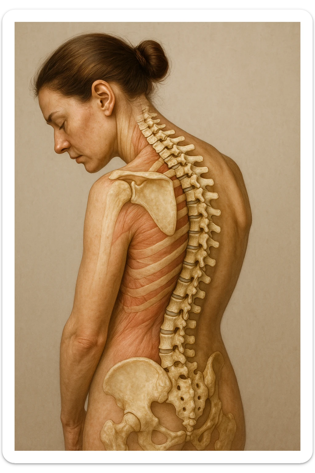 CORPO UMANO ANATOMICO di una donna di profilo con spalle chiuse e postura incurvata, spina dorsale in evidenza, IPERREALISTICO 4K sticker