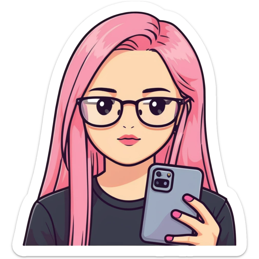 Teenage girl taking a selfie in a school bathroom. Long straight blonde hair with pink dye, rectangular glasses, black shirt, neutral expression with slightly glossy lips sticker