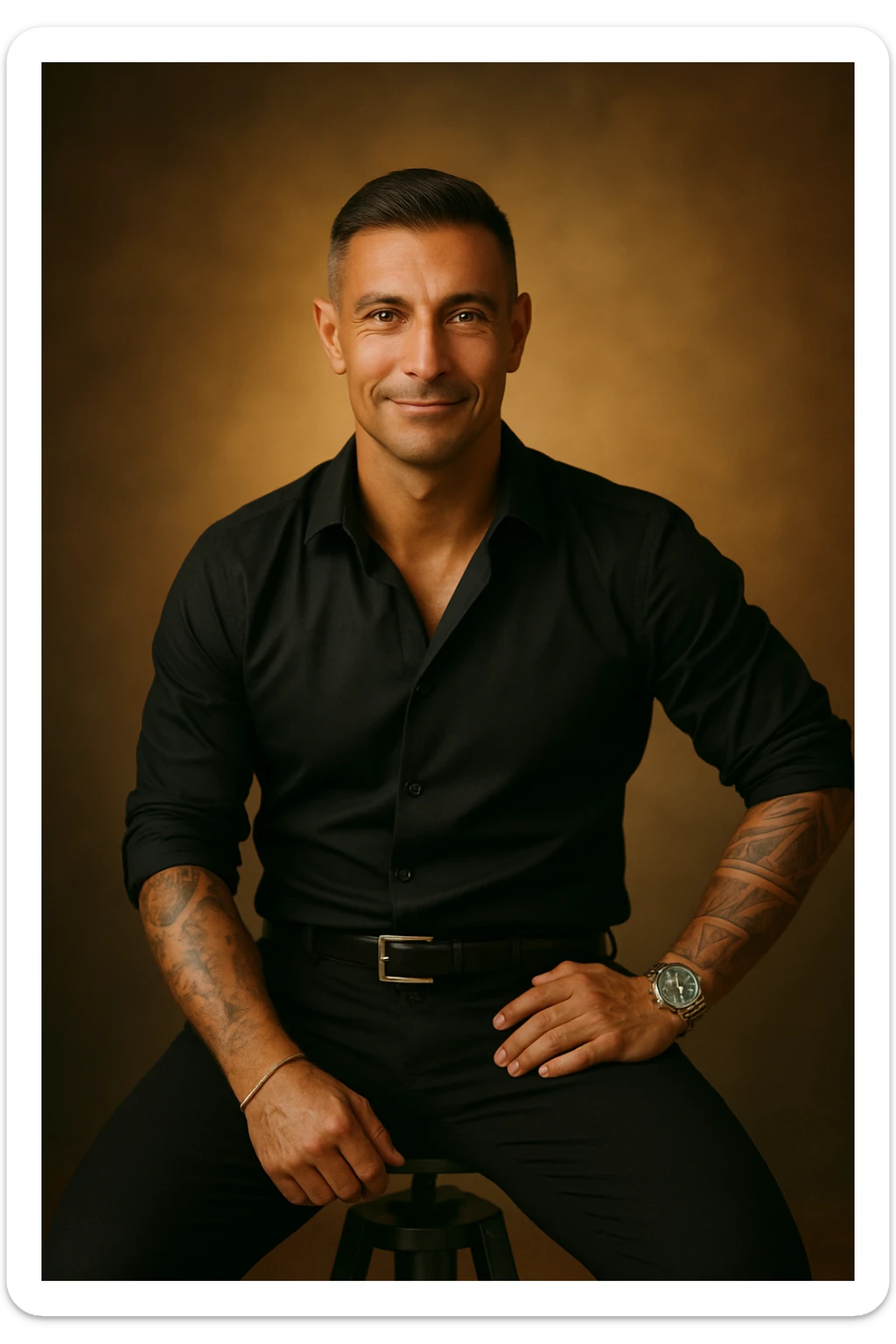 Realistic and cinematic style portrait of a man exemplifying physical and mental well-being: serene and confident expression, energetic posture, luminous skin, bright eyes, warm and welcoming atmosphere. Include visual details suggesting inner balance, health, and vitality. Aspect ratio 2:3. sticker