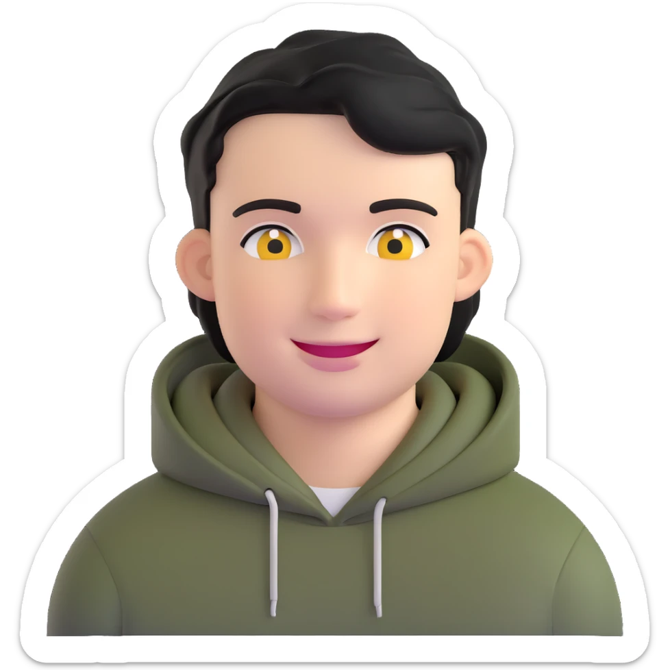 man with smiley face, black hair military cut, brown eyes, wearing 2 circle earrings and a black hoodie sticker