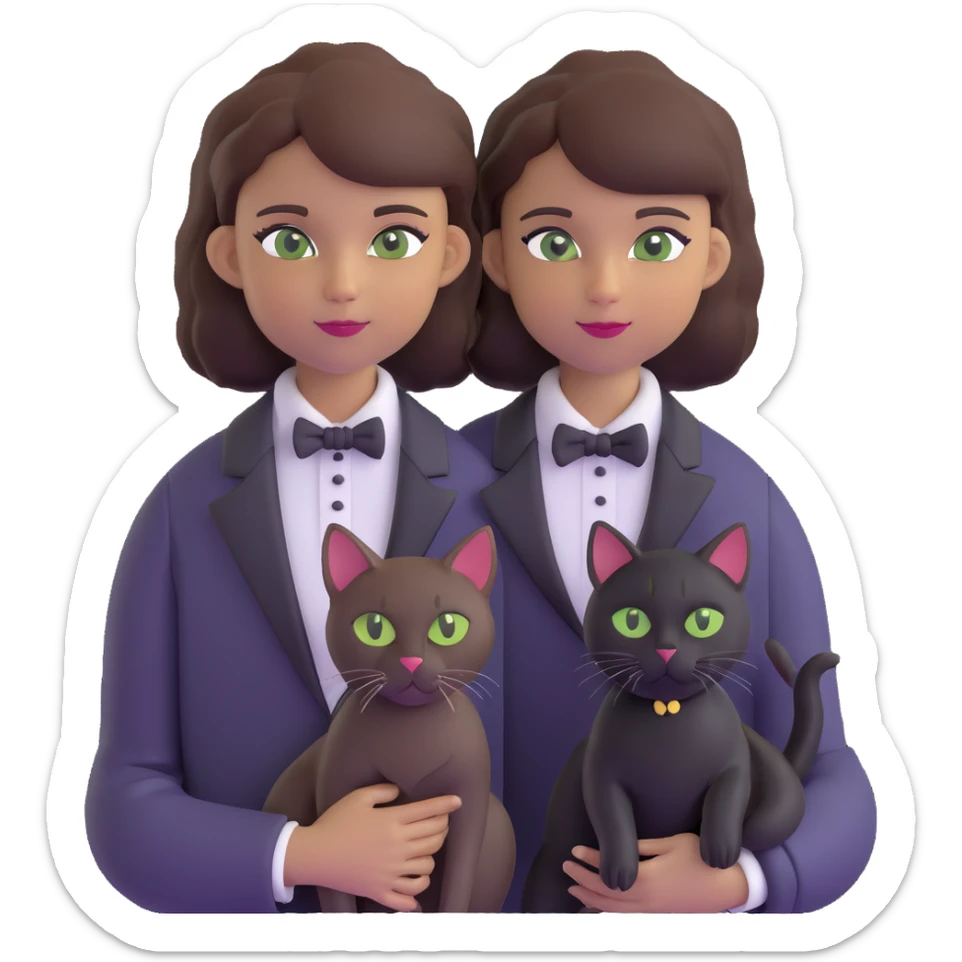 brown haired girl with light tan skin and brown eyes holding a black Bombay cat with green eyes and a black and white Tuxedo cat with hazel eyes sticker